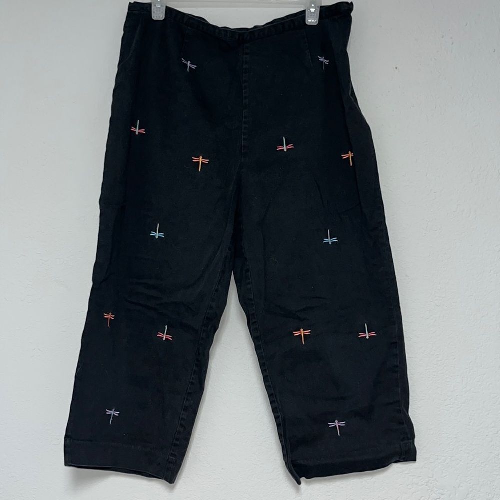 Vintage High Waist Dragonfly Embroidered goodclothes Black Capri Pants Size 14